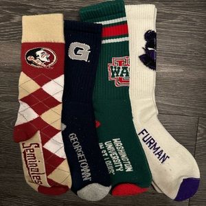 4 pairs college socks- Florida state, Georgetown, Furman, Wash U in St. Louis.